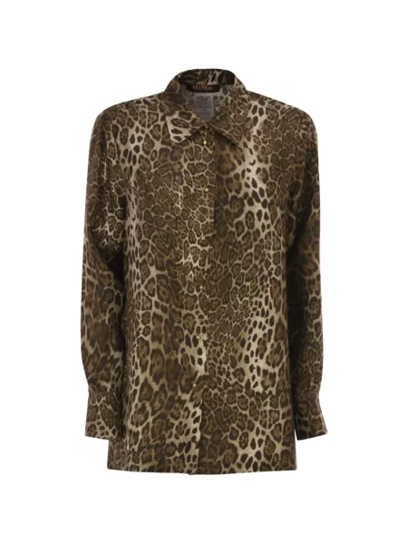 Cămașă Max Mara de mătase cu imagine cu model leopard maro
