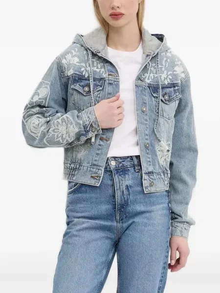 Geacă de blugi Desigual cu broderie cu model floral cu glugă albastru