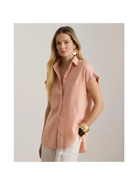 Lniana koszula z krótkim rękawem Ralph Lauren z krótkim rękawem różowa