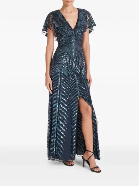 Костюм макси рокля Temperley London с пайети с V-образно деколте синьо
