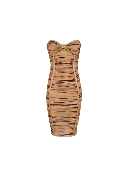 Sukienka midi Elisabetta Franchi z odkrytymi ramionami brązowa