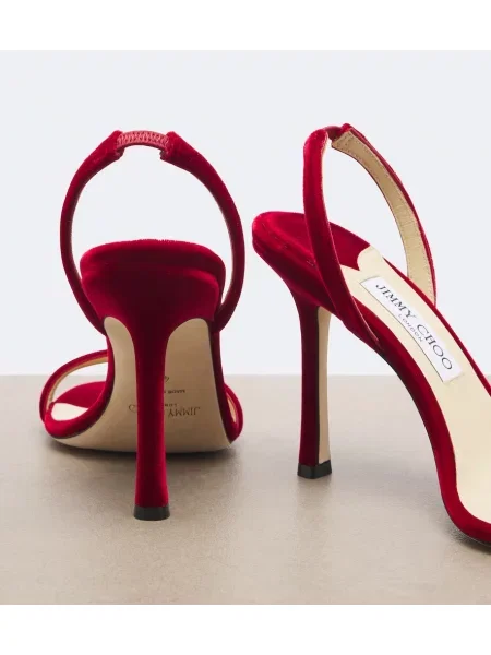 Sametové sandály Jimmy Choo s otevřenou patou červené