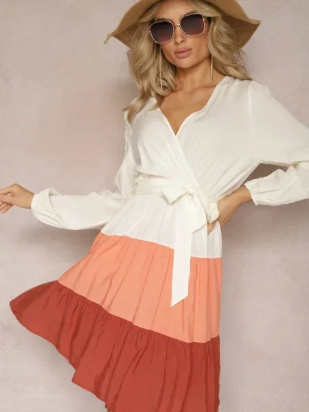 Rochie Mini Alb-Bordeaux cu și în Talie cu Decolteu Petrecut Joxa alb