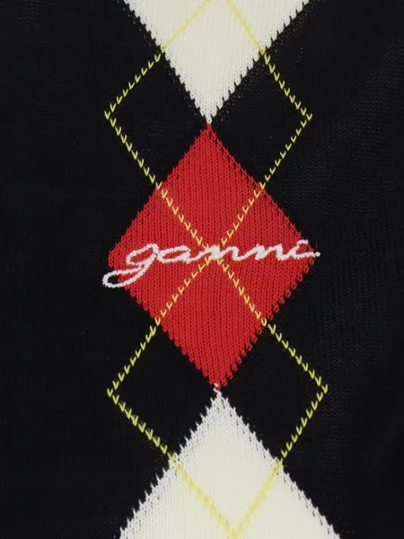 Tricou Ganni cu model argyle cu autograf negru