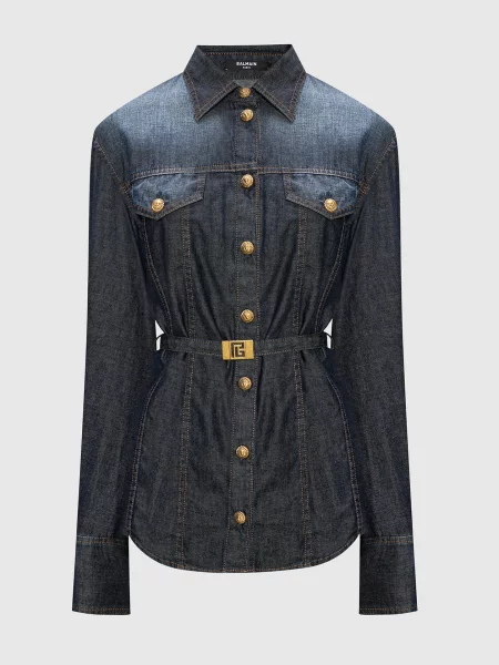 Джинсова сорочка з ефектом потертості Balmain синя