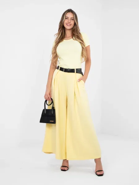 Pantaloni palazzo Rue Paris din jerseu galben