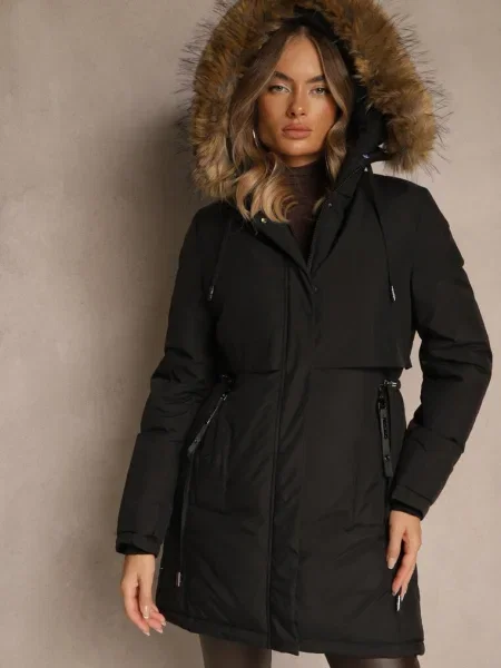 Klasyczna Kurtka Parka z Kapturem z Futrem Nalisava czarna