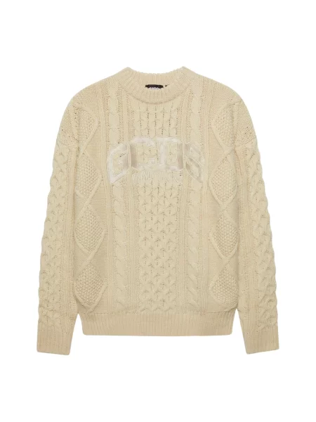Sweter Gcds wełniany pleciony z logo beżowy