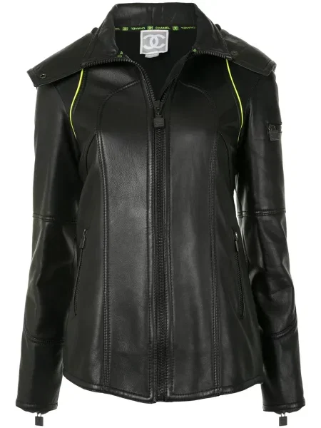Kožená bunda Chanel Pre-owned s kapucí černá