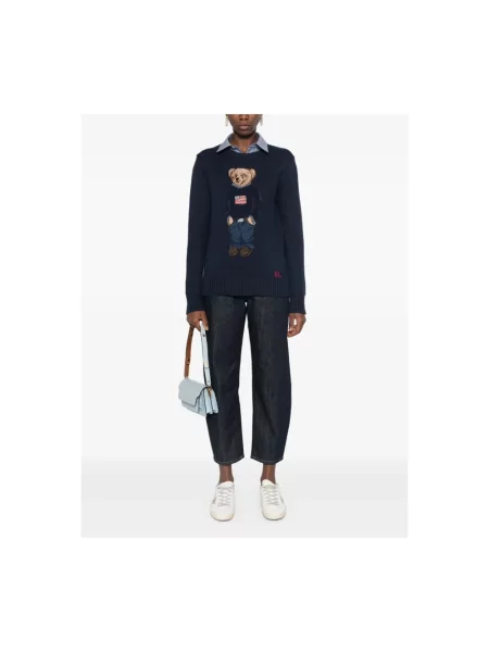 Sweter z dzianiny z motywem i okrągłym dekoltem Ralph Lauren niebieski