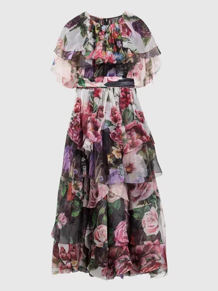 Сукня максі із шовку в квітковий принт з оборками Dolce&gabbana
