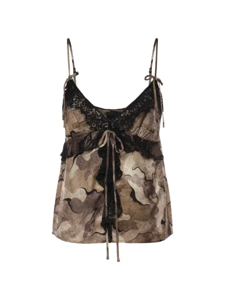 Top koronkowy Pinko z dekoltem w serek koronkowy brązowy