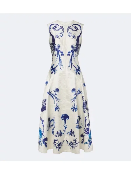 Rochie midi Erdem cu model floral din țesătură twill bej