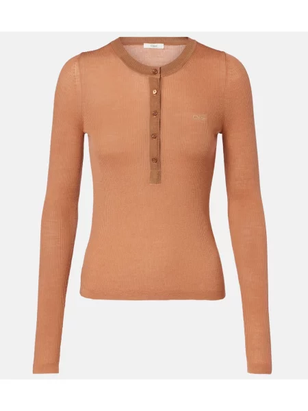Cămașă Chloé de lână cu guler henley bej