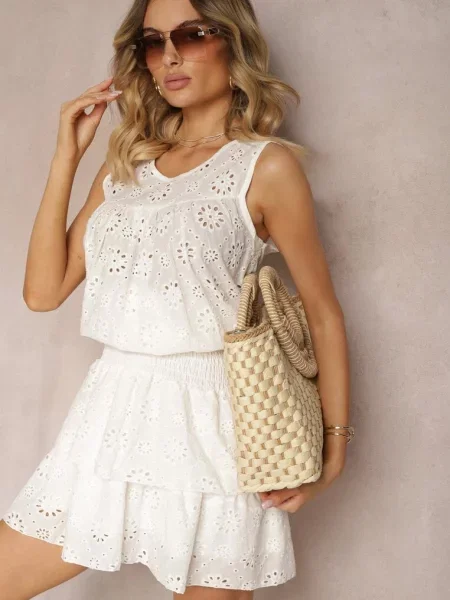 Ażurowa Bluzka Top z Bawełny Bez Rękawów Aalnea biała