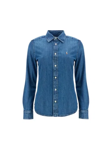 Bluzka Ralph Lauren z twillu z długim rękawem niebieska