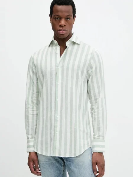 Ленена риза Marciano Guess BILL тюркоазено със стандартна кройка с италианска яка