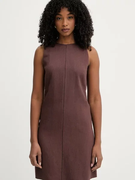 BOSS sukienka z lnem Dinderal brązowa