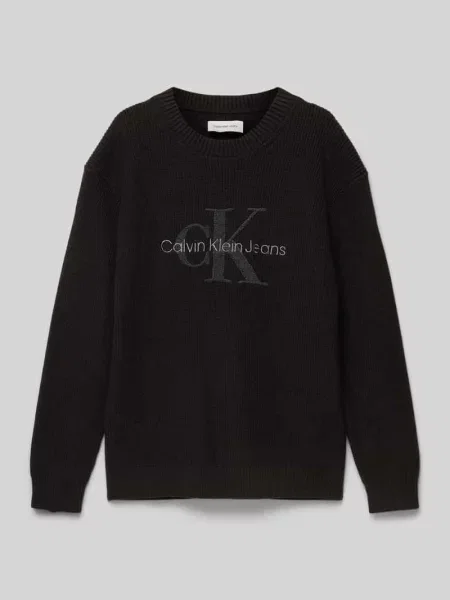 Sweter z dzianiny z okrągłym dekoltem model ‘TOWELLING’ Calvin Klein Jeans czarny