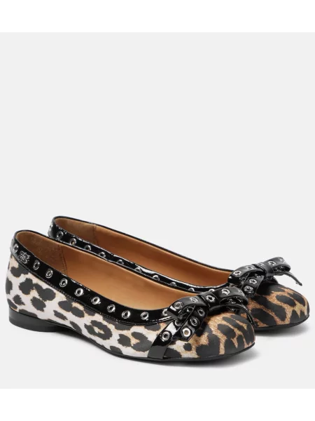 Balerini Ganni cu funde din satin cu model leopard galben