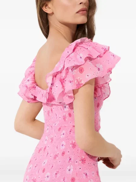Rochie mini Loveshackfancy cu model floral cu imagine de costum roz