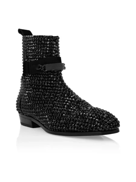 Botki Philipp Plein zamszowe bez obcasa z kamieniami czarne