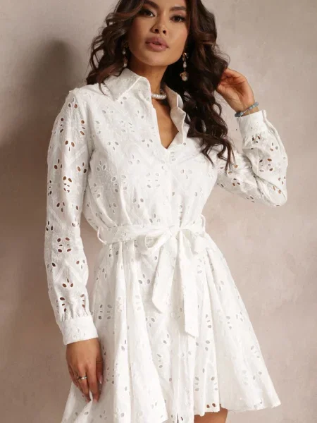 Koszulowa Sukienka Ażurowa z Wiązanym Faeyela biała