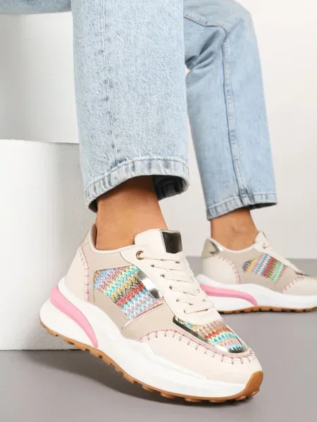 Wielokolorowe Sneakersy na Platformie ze Wstawkami z Plecionki Ninatia