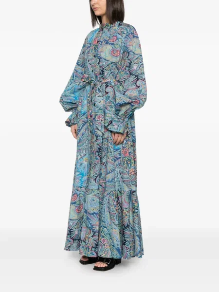 Rochie maxi Etro cu volane cu model paisley albastru