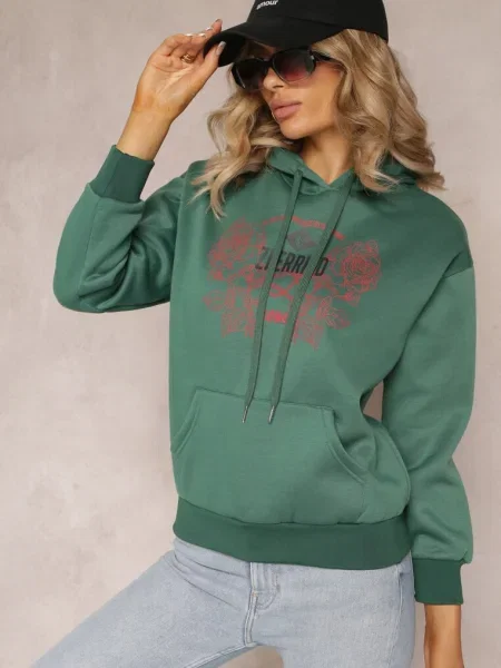 Bluză la Modă cu Imprimeu și Glugă Decorată cu Imprimeu Arinalu verde