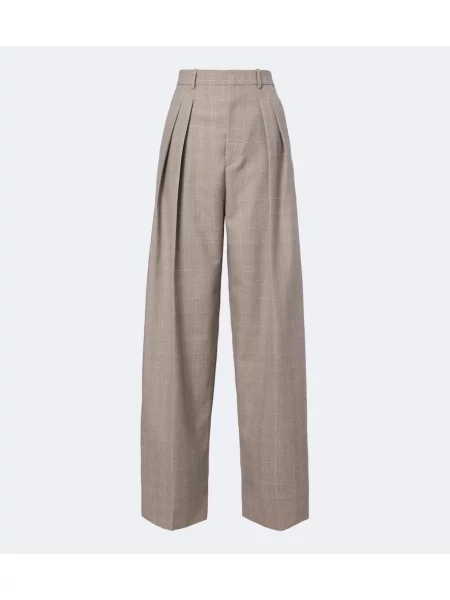 Pantaloni Bottega Veneta de lână în carouri bej