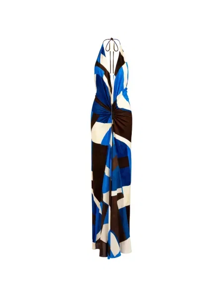 Rochie maxi Silvia Tcherassi cu imagine cu imprimeu geometric cu gât halter albastru