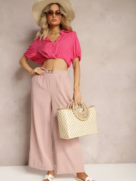Jasnoróżowe Spodnie z Szerokimi Nogawkami w Stylu Palazzo High Waist z Gumką w Pasie z Ozdobnym Elementem Ellsiana różowe