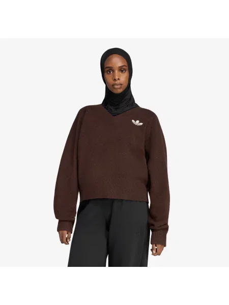 Tricou Adidas Originals tricotate cu decolteu în V cu mâneci lungi maro