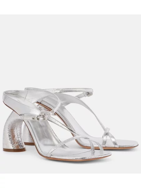 Papuci tip mules Dries Van Noten din piele de lac argintiu