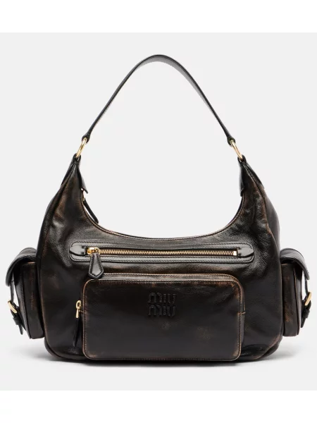 Кожена кожена чанта Miu Miu с протрити краища кафяво