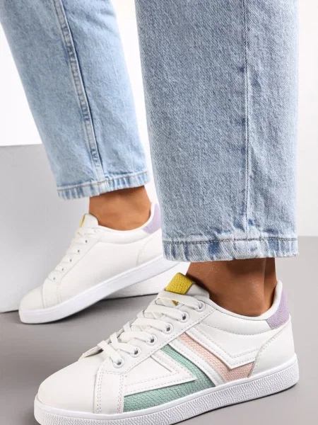 Sneakerși Albi-Menta cu Șireturi pe Talpă Plată cu Inserții Colorate Karera alb