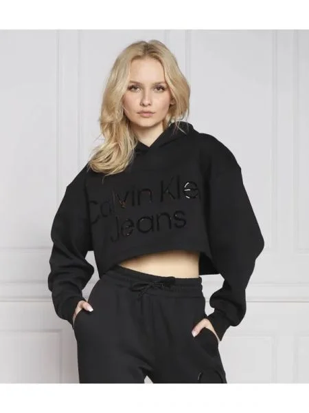 CALVIN KLEIN JEANS Hanorac SHINY INSTITUTIONAL | Cropped Fit negru