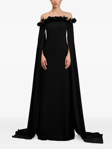 Rochie maxi Cristallini cu model floral cu aplicații în linie A negru