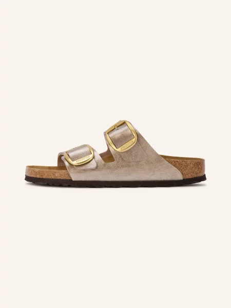 Klapki Birkenstock skórzane na sprzączkę beżowe