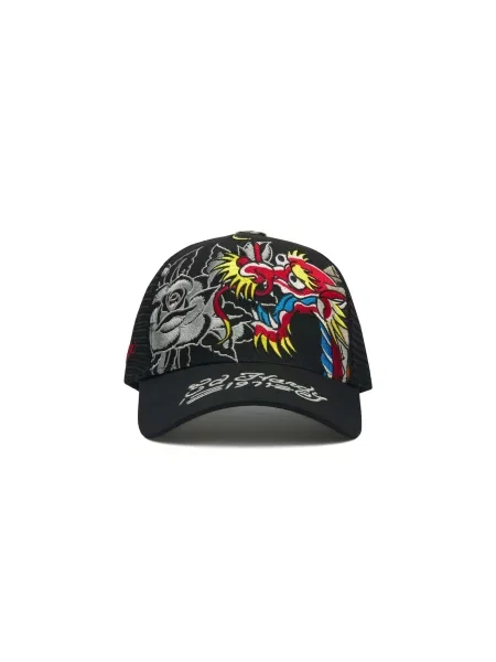 Ed Hardy Čiapka Dragon And Roses azúrová / tmavočervená / čierna biela