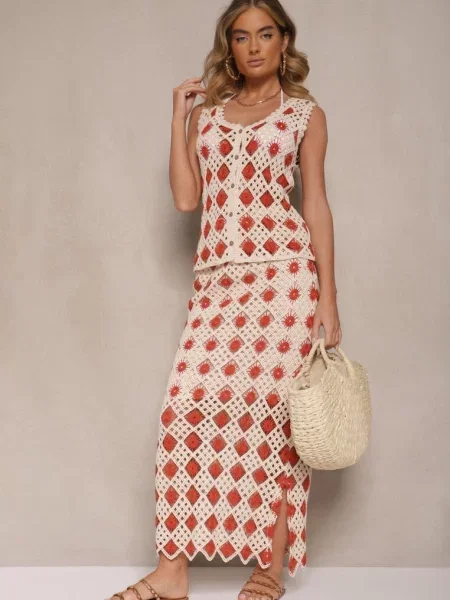 Ołówkowa Spódnica z Szydełkowej Tkaniny z Gumką w Talii Banamira czerwona