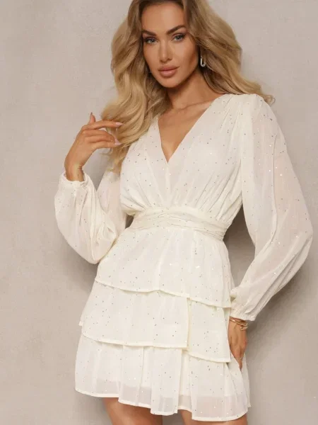 Rochie mini evazată deschis cu imprimeu metalic și volane Enrilea bej