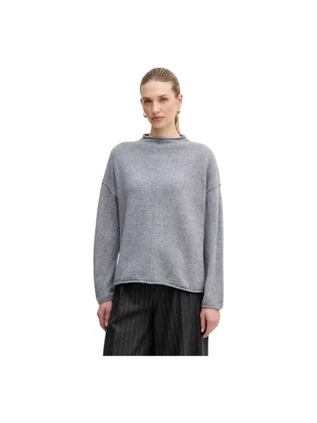 Sweter Oui wełniany z okrągłym dekoltem szary