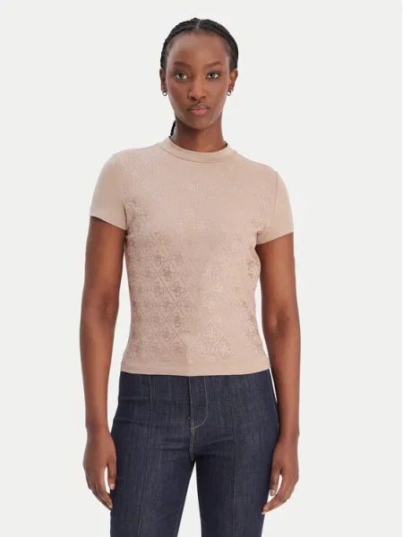 T-shirt o kroju slim fit z obszyciem kamieniami stras na całej powierzchni Guess beżowa