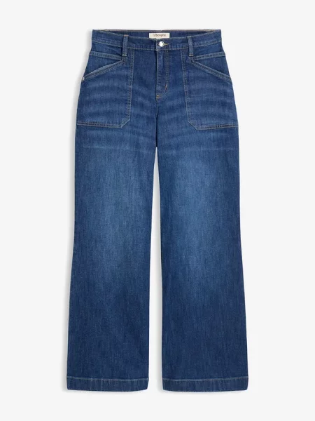Jeansy mid waist z szerokimi nogawkami i naszywanymi niebieskie