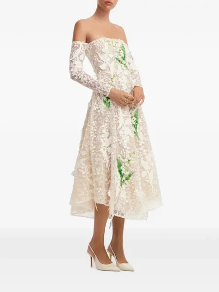 Rochie midi Leo Lin cu model floral din dantelă alb