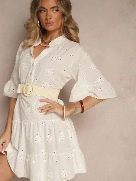 Jasnobeżowa Rozkloszowana Sukienka Koszulowa z Bawełny Zdobiona Haftem i Falbanami Filarosa beżowa