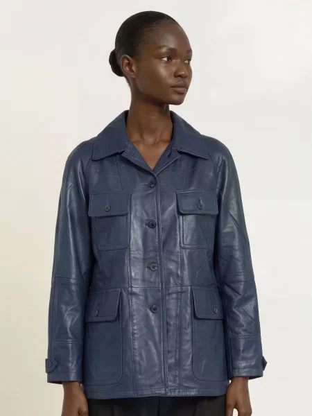 Allsaints Kožená Bunda Roiya tmavě modrá