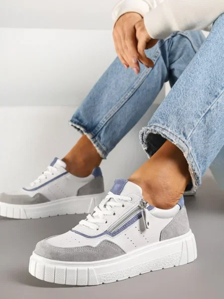 Biało-Szare Sneakersy ze Skóry Naturalnej z Ozdobnym Suwakiem Tilliraya białe